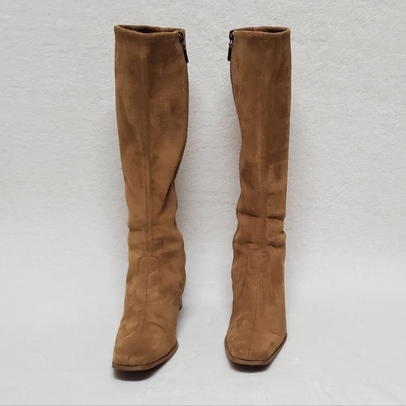 VINTAGE 90s Candies Caramel Faux Suede Stacked Heel Square Toe Knee High Boots 8 - Picture 3 of 16